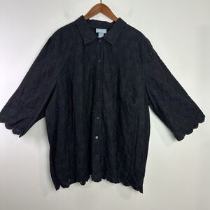 Liz & Me Catherines Button Up Shirt Womens 2X Black‎ Eyelet Lace 3/4 Sleeve Boho